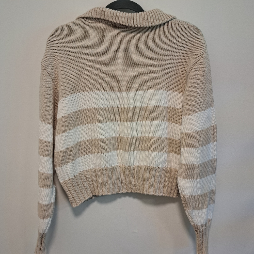 Quince 100% Organic Cotton Cropped Polo Sweater Beige Striped Fishman Sz S - Picture 6 of 10
